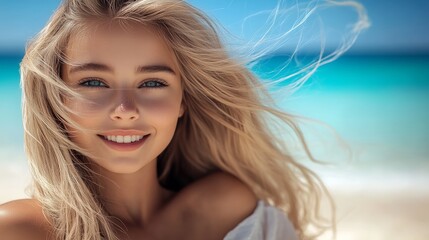 Fototapeta premium Blonde woman with long hair is smiling at the camera on a beach