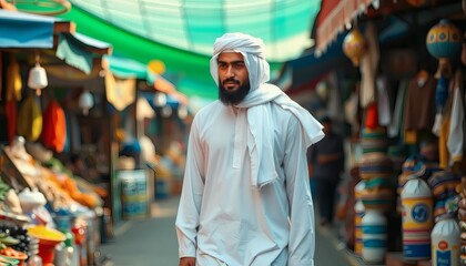 Obraz premium Man in Traditional Attire Walks Through Vibrant Market, Middle Eastern Culture