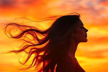 A Woman Silhouetted Against A Fiery Sunset, Her Hair Dancing In The Wind, Finding Peace And Serenity In The Golden Hours Embrace