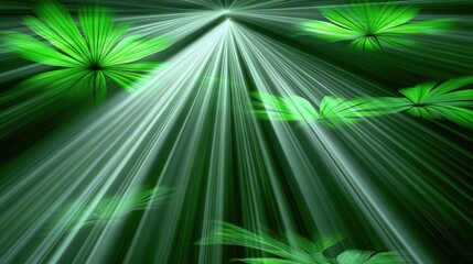 Obraz premium Tropical leaves, light rays, dark background, vibrant design, digital art