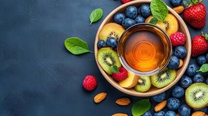 Burnout recovery and balance concept. A vibrant bowl of assorted fruits and a drink, featuring blueberries, raspberries, kiwi, and mint leaves, set against a dark background.