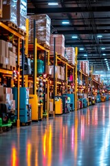  Vista de un almacén grande con pasillos iluminados y estanterías repletas de productos. Representa la gestión de inventario y almacenamiento.
