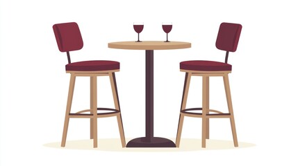Two bar stools, small table, wine glasses - interior illustration