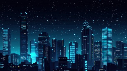 Night Cityscape with Neon Skyline, Stars, and Urban Background.