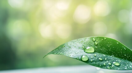 Fototapeta premium Fresh green leaf with dewdrops symbolizes health and renewal, set against a serene forest backdrop, evoking hope and vitality. 