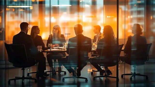 A dedicated team is discussing in a modern office, showcasing effective teamwork and advanced technology with reflective surfaces and creative silhouettes that highlight their collaboration