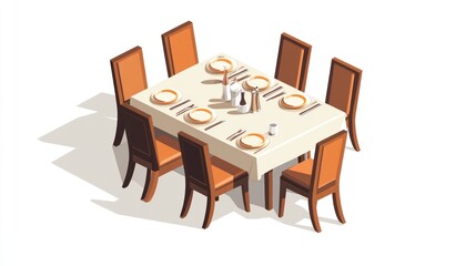 Isometric Dining Table Set, Eight Chairs, Elegant Setting
