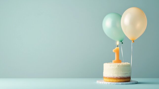 One Year Old Celebration with Birthday Cake and Balloons in Soft Pastel Colors, Perfect for First Birthday Parties and Children's Events