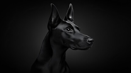 A sleek black dog poses in profile against a dark, nearly black background, its smooth coat and sharp features emphasized by the even lighting across