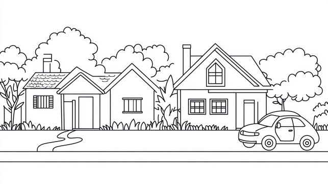 Simple line drawing suburban houses and car