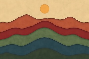 Fototapeta premium Minimalist Mountain Landscape with Layered Colors and Sun, Serene Aesthetic Design