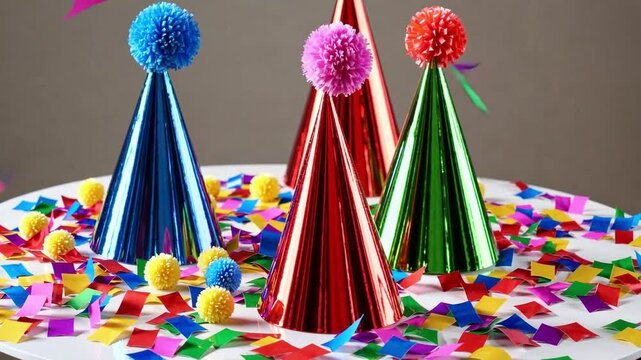 A Vibrant Collection of Colorful Party Hats and Confetti on a Table, Perfect for Celebrating Birthdays and Festive Gatherings