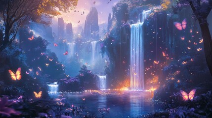 Fototapeta premium Viral anime nature wallpaper in 4K quality, depicting a dreamlike garden with floating islands, waterfalls cascading down and glowing.