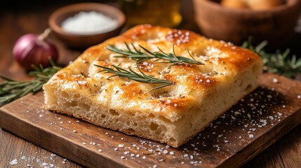 Rustic focaccia bread with rosemary and sea salt on wooden board culinary delight italian cuisine
