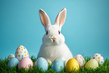 A fluffy white bunny surrounded by colorful Easter eggs in lush grass, perfect for Easter promotions, spring events, and cheerful holiday greetings.