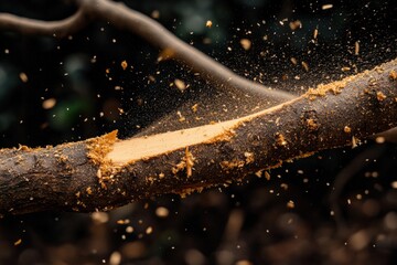 Fine tooth saw cuts through tree branch, creating wood shavings in a natural setting Generative AI