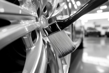 Detailing brush cleans fine grooves on car wheel in auto service center environment Generative AI