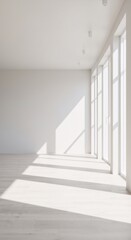 Fototapeta premium Empty white room interior with large windows and sunlight casting shadows. Minimalist architectural design for modern living space or office environment with natural lighting