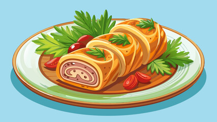 Delicious roulade filled with tender meat rolled in golden pastry served on a transparent plate with fresh herbs, roulade, dish of filled rolled meat or pastry top view isolated on 