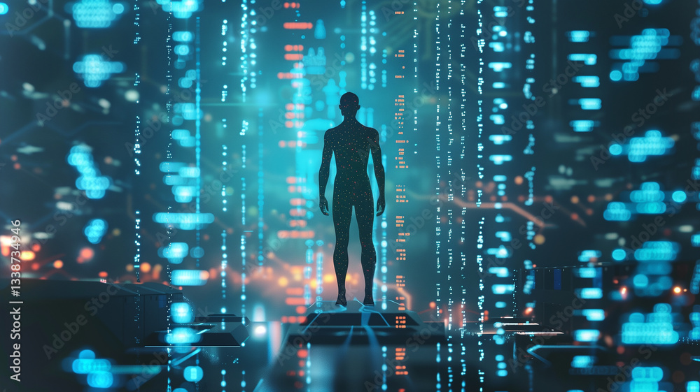 Aufkleber this figure stands in a digital space filled with data streams on gene therapy concepts.