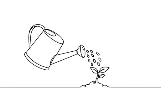 Minimalist line drawing, watering can pouring water, small plant sprout with two leaves, droplets of water, simple black and white illustration, gardening concept