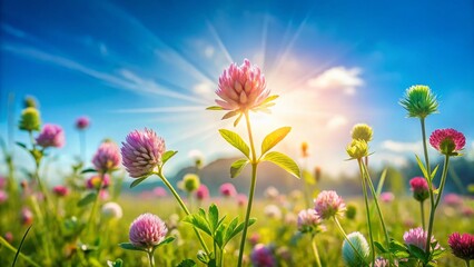Fototapeta premium Vibrant Clover & Wildflowers Meadow, Sunny Sky - Minimalist Nature Photography