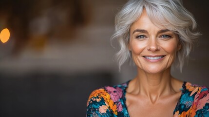 Naklejka premium Woman with short hair and a floral dress is smiling