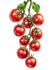 Freshly picked vine tomatoes glistening with droplets of water against a clean white background studio shot