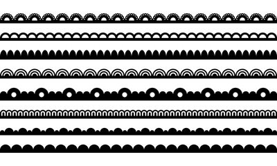 Lace border with scallop. Edge pattern for frame. Stripe of fabric with ornament. Black vector set of lines isolated on white background.