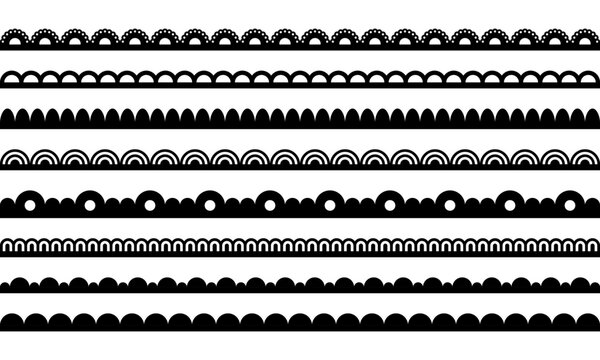 Lace border with scallop. Edge pattern for frame. Stripe of fabric with ornament. Black vector set of lines isolated on white background.