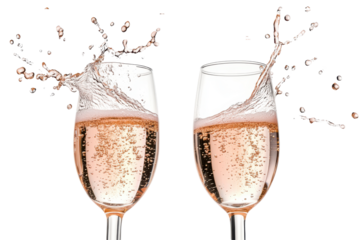 Two champagne glasses clinking with splashes in celebration