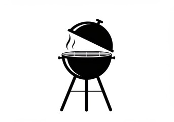 Barbecue grill icon, simple black silhouette, kettle grill, smoke wisps, lid open, circular shape, cooking grate, tripod legs, minimalist design