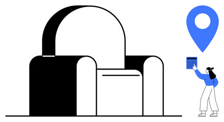 Woman holding a tablet beside a large lock and blue location pointer, emphasizing data security, online privacy, navigation, geolocation, protection, access control, and technology in a flat simple