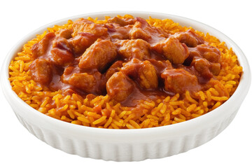 Delicious chicken stew served over vibrant yellow rice