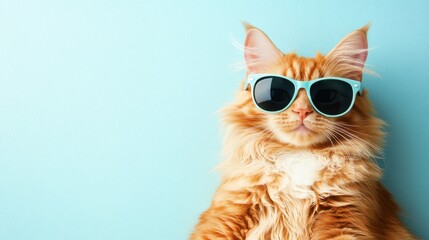 Stylish orange cat wearing sunglasses against a light blue background, exuding a playful vibe