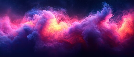 Fototapeta premium Ethereal Colors in Abstract Cloud Formation Against Dark Background, Vivid Swirls of Pink, Purple, and Yellow Creating a Dreamlike Atmosphere