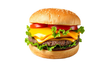 Cheeseburger with cheddar cheese, crisp lettuce, and fresh tomato slices, a classic fast-food favorite. Fast-food image isolated white background