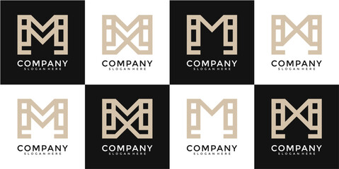 Beige Geometric Letter M Logo Variations on Black and White Backgrounds