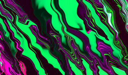 Bright fluid violet, black, neon green blur background. Abstract liquid purple pink wave. Glitch Art trippy digital screen. Celebration Backdrop. Ed Tech banner. Template. Luxury texture. Biotech. Bg