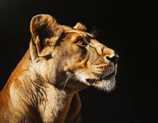 Majestic lioness in profile against a dark background, showcasing her fierce gaze and detailed fur