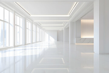 A 3D rendering of a spacious, bright luxury interior with minimalistic design features.