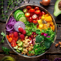 Vibrant vegan salad bowl with fresh vegetables, nuts, seeds, and leafy greens, arranged beautifully. A healthy, colorful, and nutrient-rich plant-based meal.
