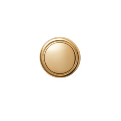A polished gold button featuring a circular design and decorative rim, showcasing a reflective surface, Transparent background.