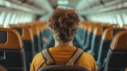 A young traveler with a backpack sits inside an airplane cabin, looking forward to an adventure.  
