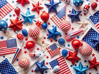 Obraz premium USA Patriotic Holiday Decorations Flat Lay: Stars, Stripes & Festive Cheer Panoramic