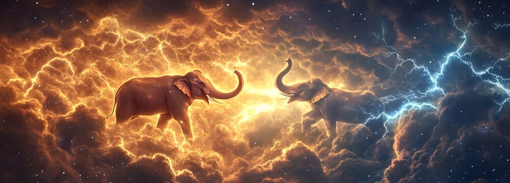 Indra commanding lightning storms, his elephant Airavata extending into an infinite cosmic battlefield.