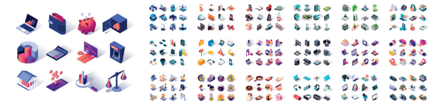 Mega set of vector isometric icons. Contains such 3d icon collection as business, finance, robotization industry, commerce, shopping, gadgets, clean energy, education. Isometry pictogram pack.