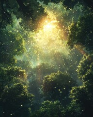 Obraz premium Enchanted forest canopy with sun rays and magical fireflies creating a serene and ethereal atmosphere from below