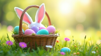 Fototapeta premium Colorful easter eggs in wicker basket with bunny ears on green grass in springtime garden
