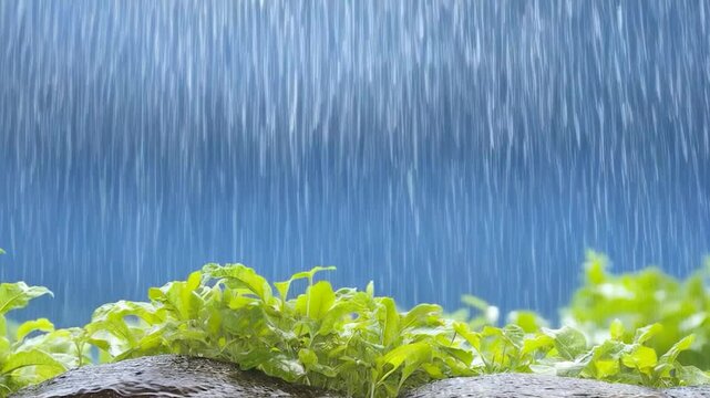 Fresh Green Plants with Rain Falling in the Background.